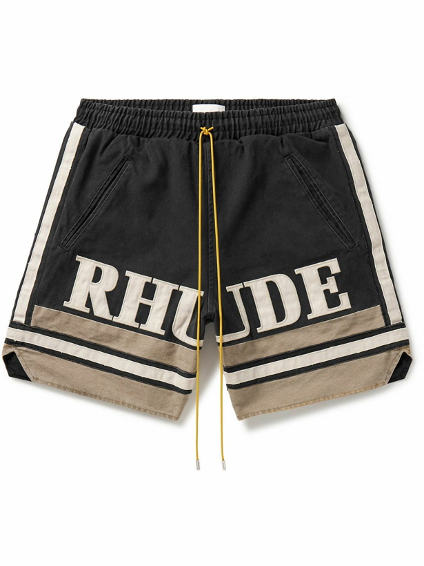 Photo: Rhude - Straight-Leg Logo-Appliquéd Striped Cotton-Canvas Shorts - Black