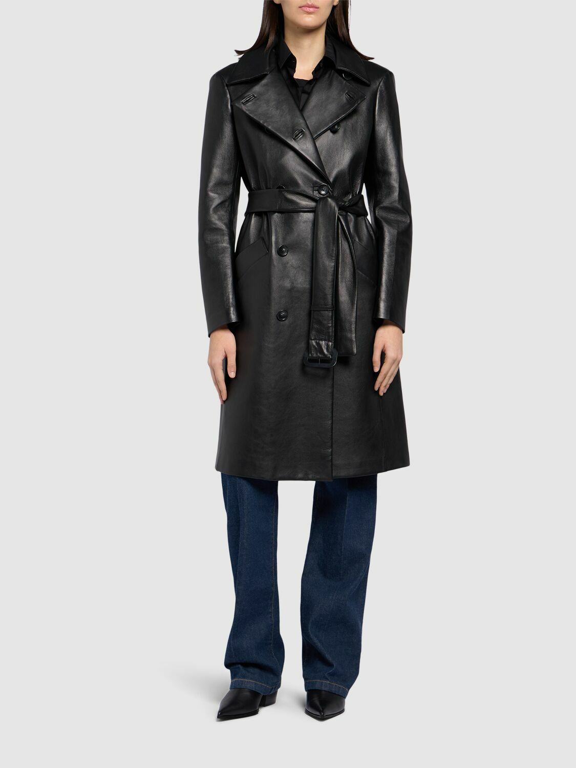 レザージャケット・コート SPORTMAX BLACK TRENCH COAT IN SEMI-GLOSSY NAPPA LEATHER Max Mara Sportmax Black Semi-Gloss Nappa Leather Trench