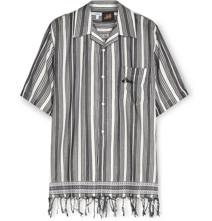 Photo: Loewe - Paula's Ibiza Fringed Logo-Embroidered Striped Cotton Shirt - Gray