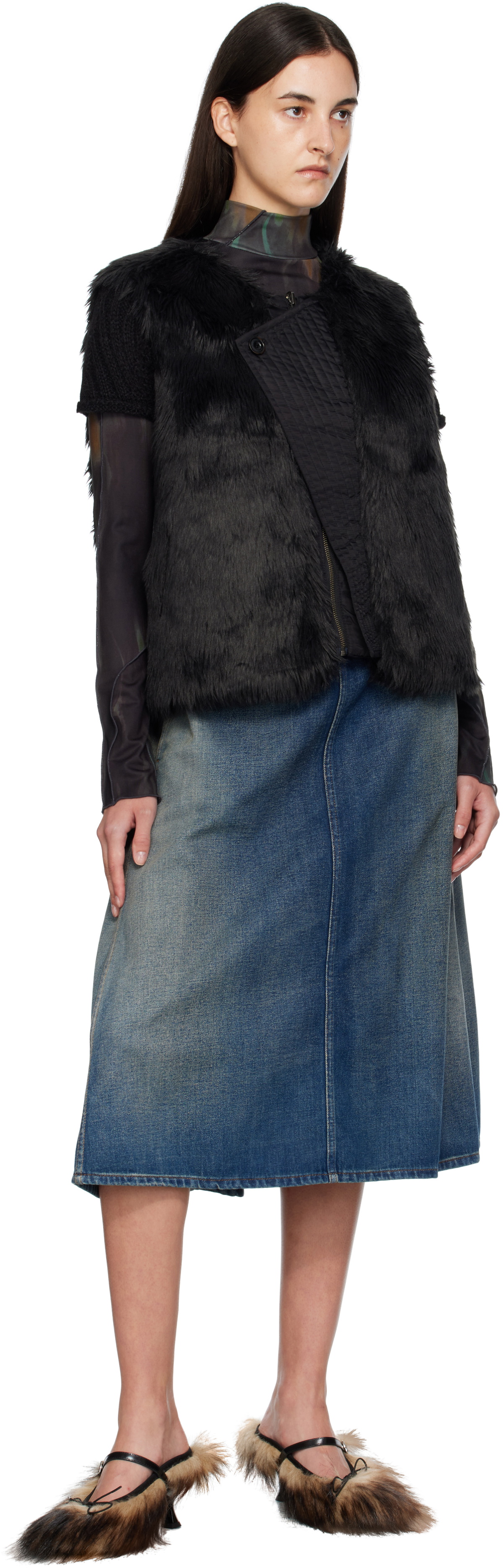 Andersson Bell Black Curved Placket Reversible Faux-Fur Vest