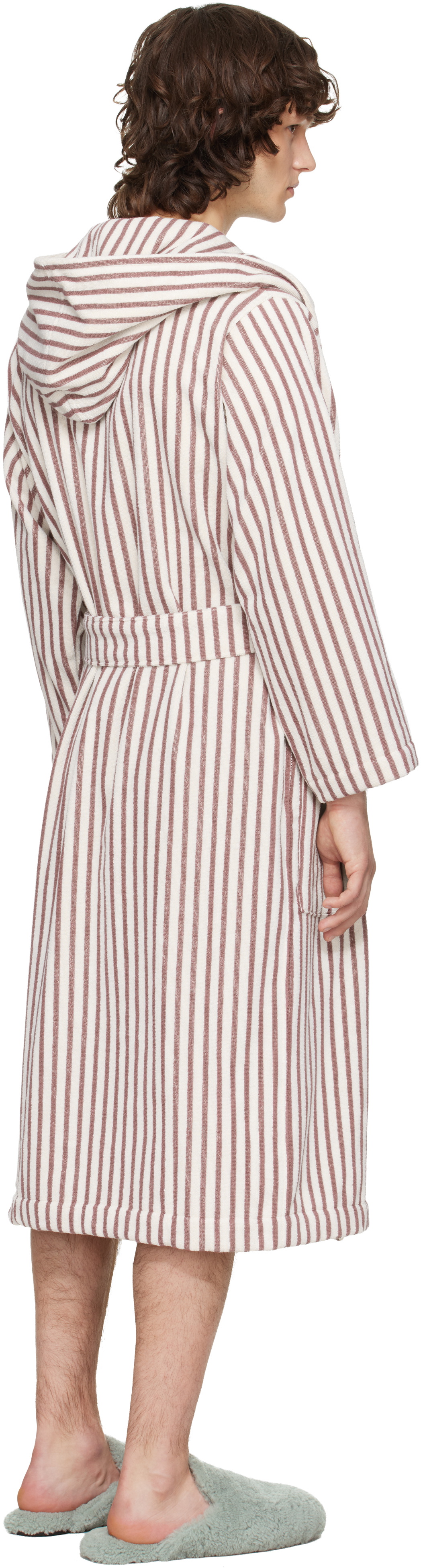 Tekla Off-White & Burgundy Terry Hooded Bathrobe