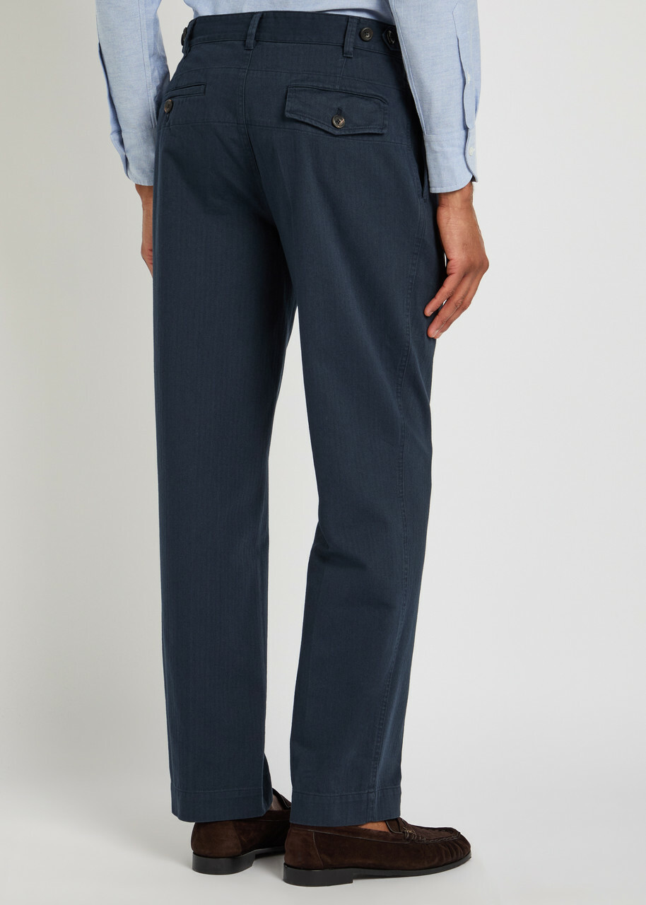 Drake's Herringbone Tapered-leg Trousers Navy