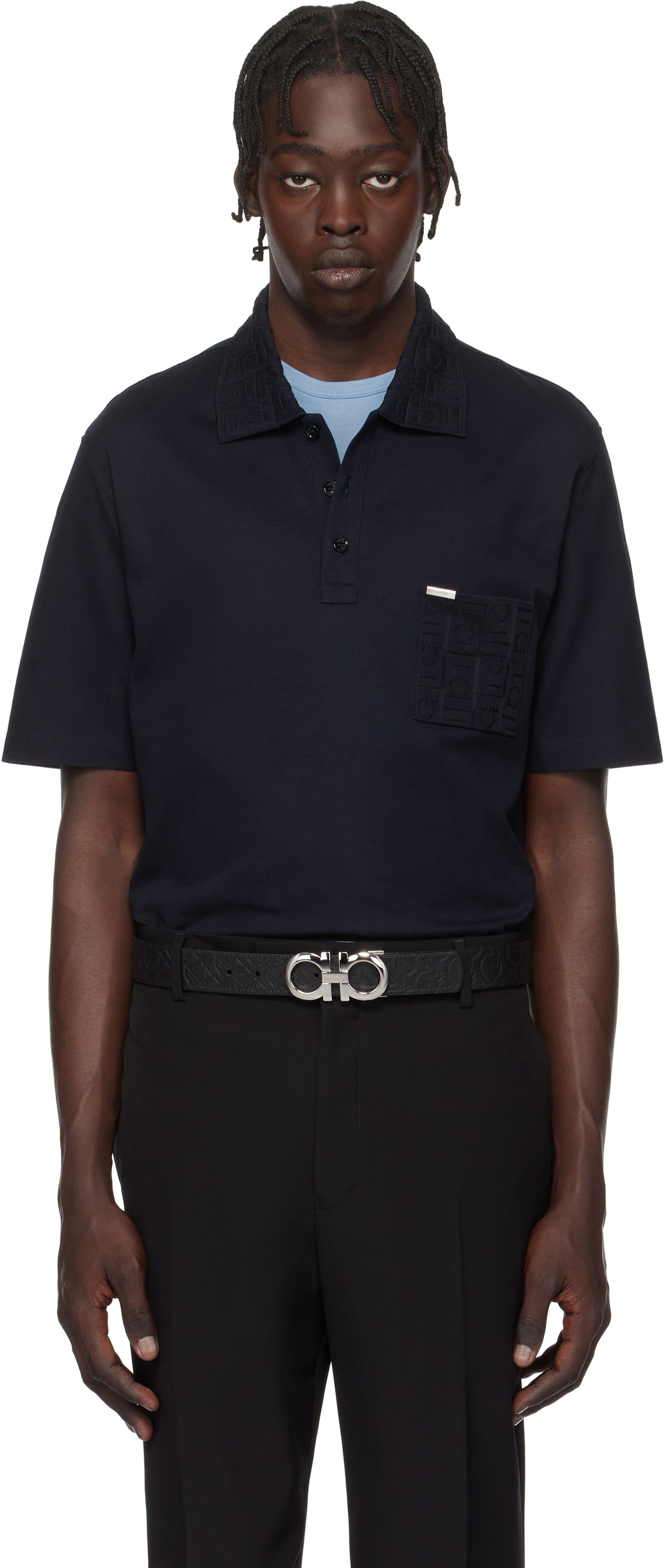 Ferragamo Navy Jacquard Pocket Polo