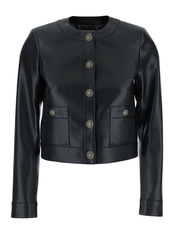 Photo: TwinSet Black Crewneck Jacket With Logo Buttons In Leather Woman
