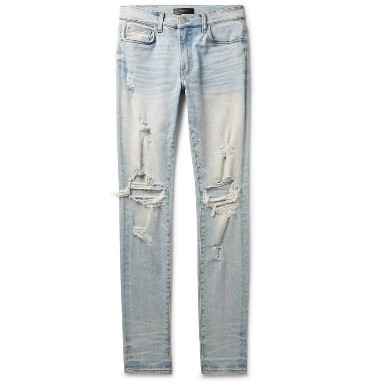 Photo: AMIRI - Thrasher Skinny-Fit Distressed Stretch-Denim Jeans - Men - Light blue