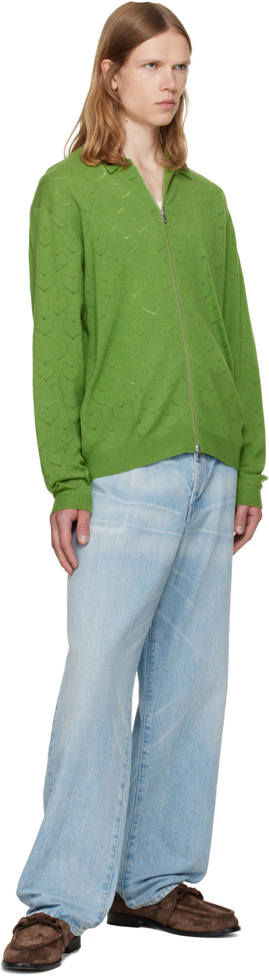 vowels Green Eyelet Knitted Zip-Up Sweater