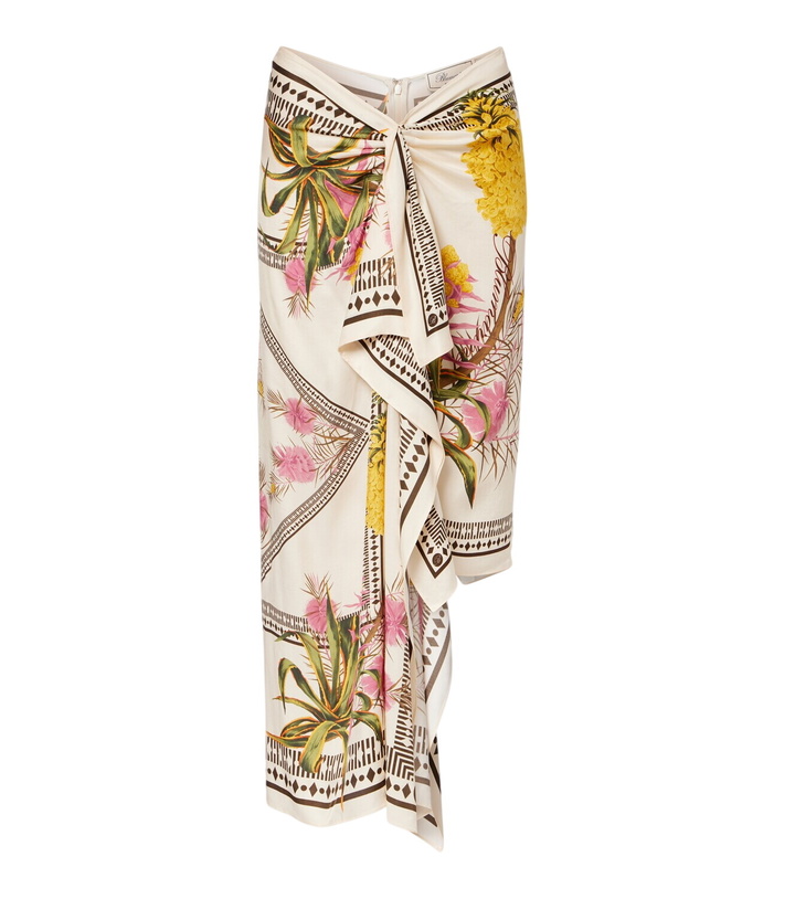Photo: Blumarine Asymmetric draped printed twill midi skirt
