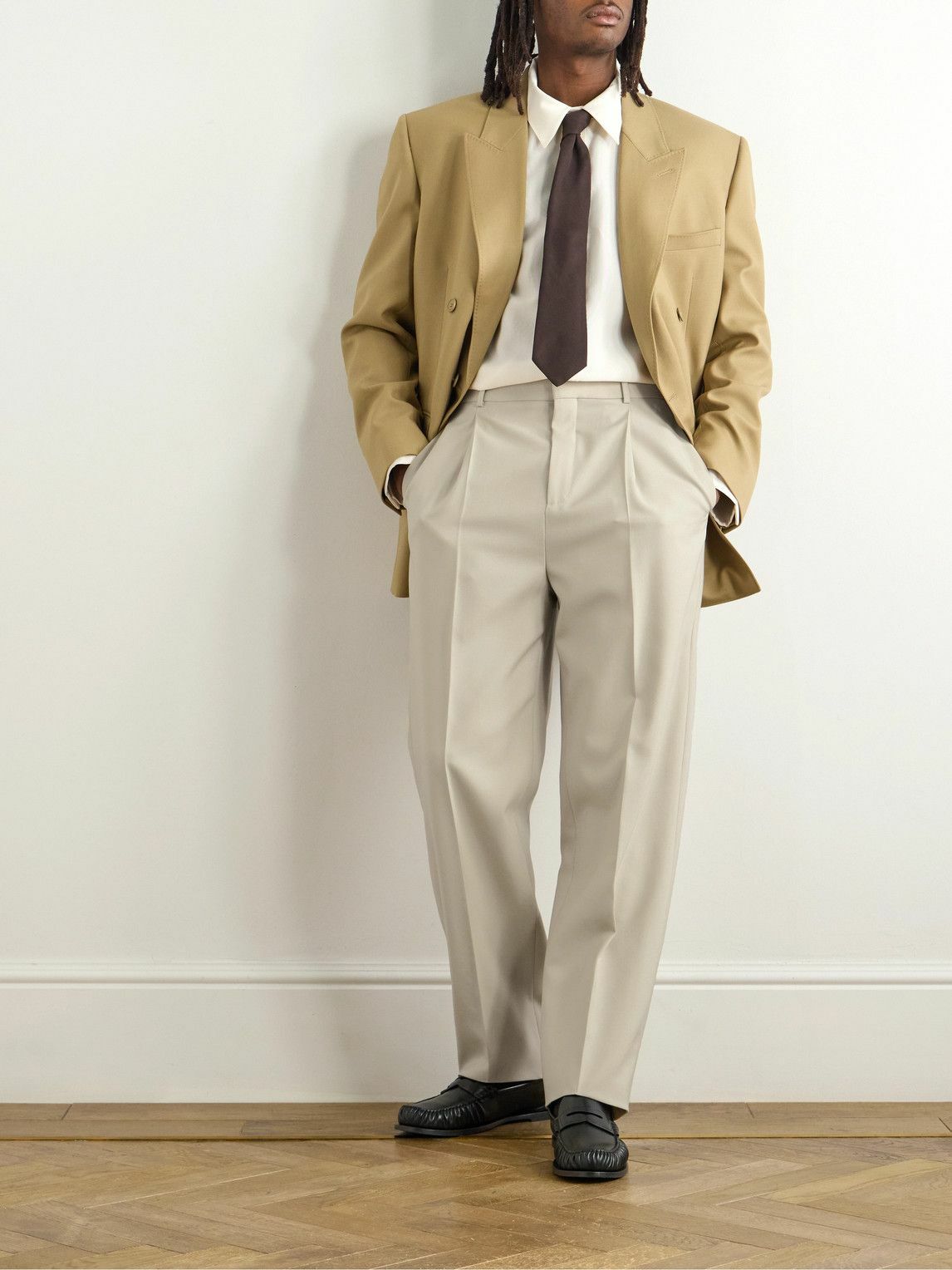 SAINT LAURENT - Tapered Pleated Grain de Poudre Wool Trousers - Neutrals