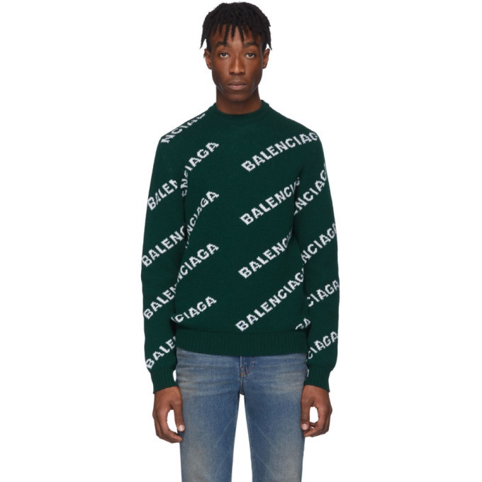 Photo: Balenciaga Green Wool Jacquard Logo Crewneck Sweater
