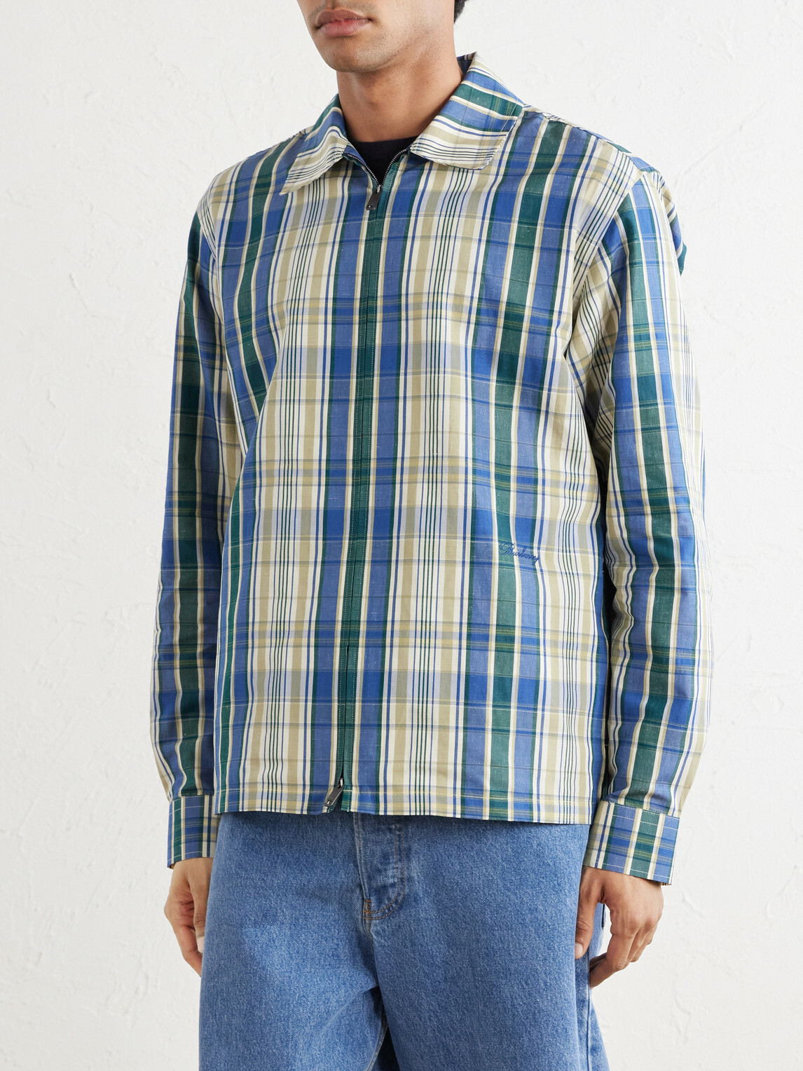 Burberry - Logo-Embroidered Checked Cotton and Linen-Blend Jacket - Blue