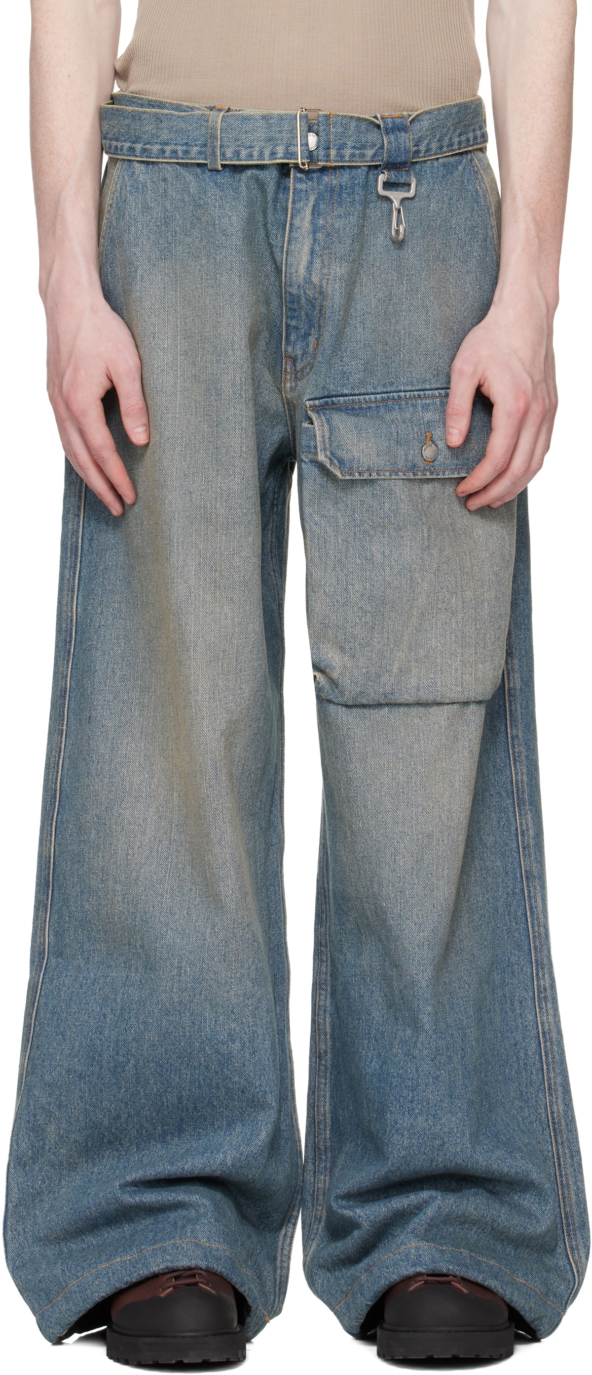 Reese Cooper Blue Washed Denim Patch Pocket Belted Cargo Jeans