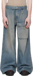 Reese Cooper Blue Washed Denim Patch Pocket Belted Cargo Jeans