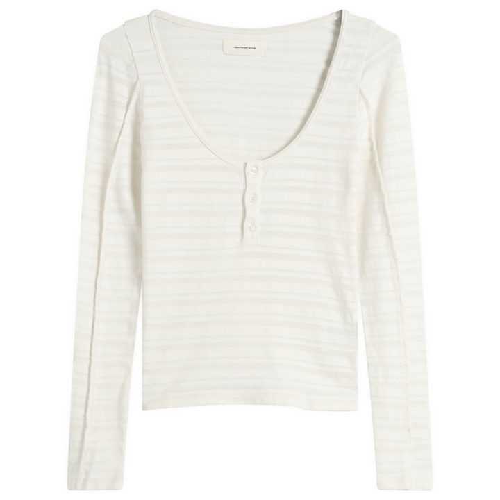 Photo: mfpen Women's Deep Henley Top in Off White Stripe