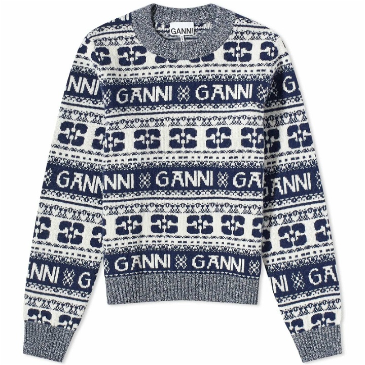 Photo: GANNI Women's Logo Wool Mix O-Neck Pullover in Sky Captain