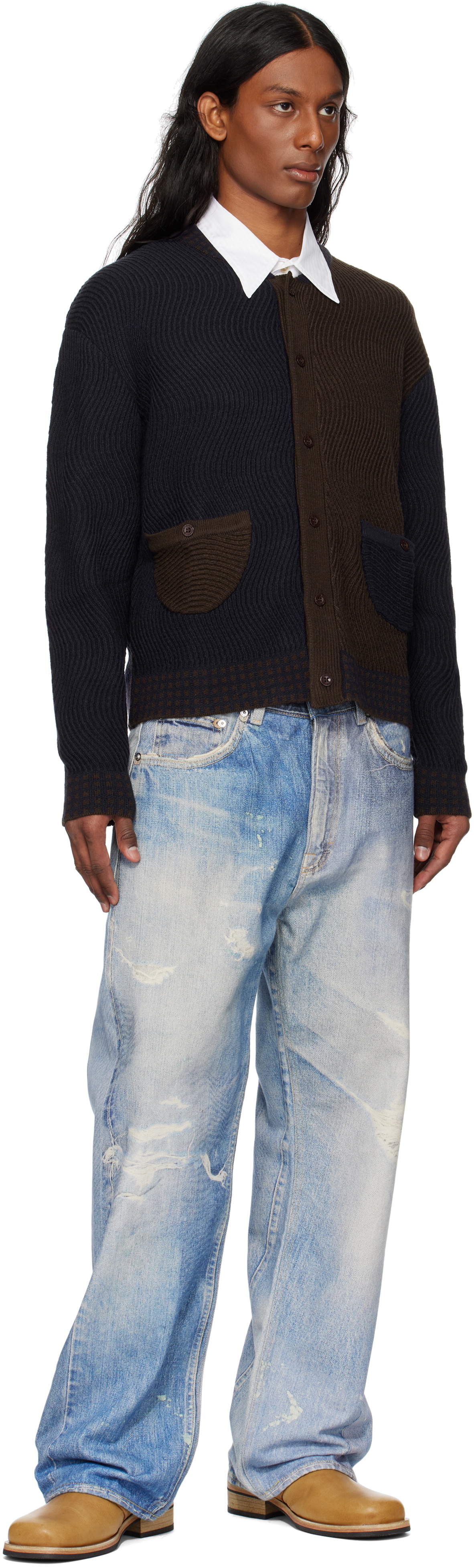Dime Navy & Brown Wave Knit Cardigan Dime