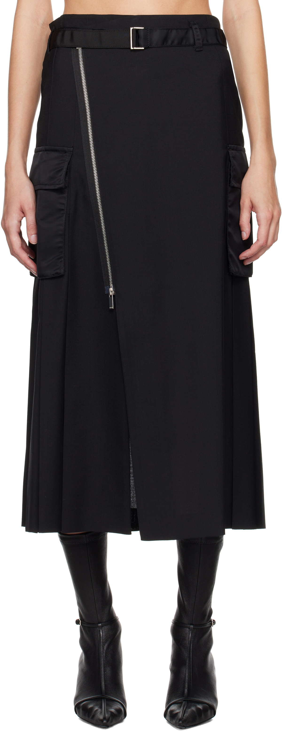 sacai Black Suiting & Nylon Twill Midi Skirt Sacai