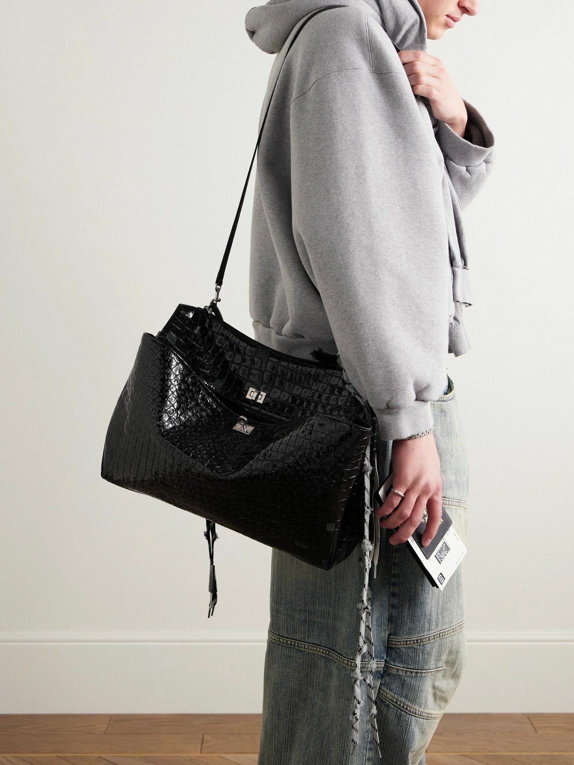 Balenciaga - Rodeo Large Distressed Croc-Effect Glossed