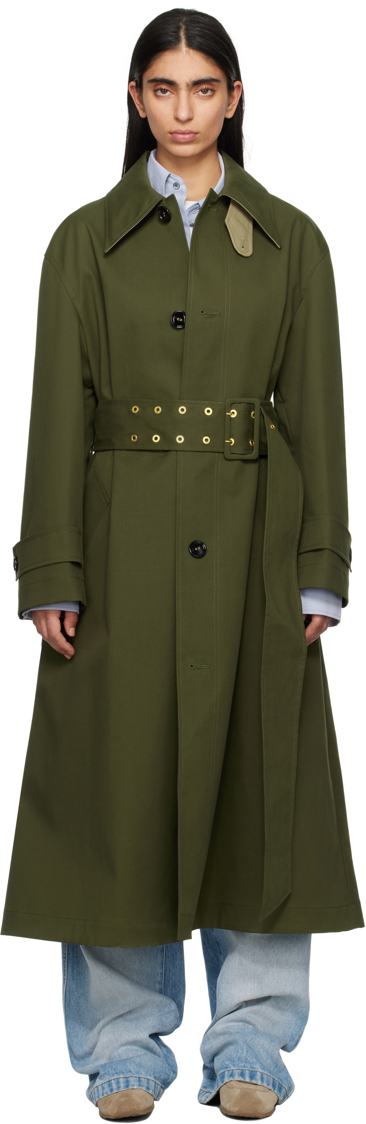 AMI Paris Green Cotton Belted Mac Coat