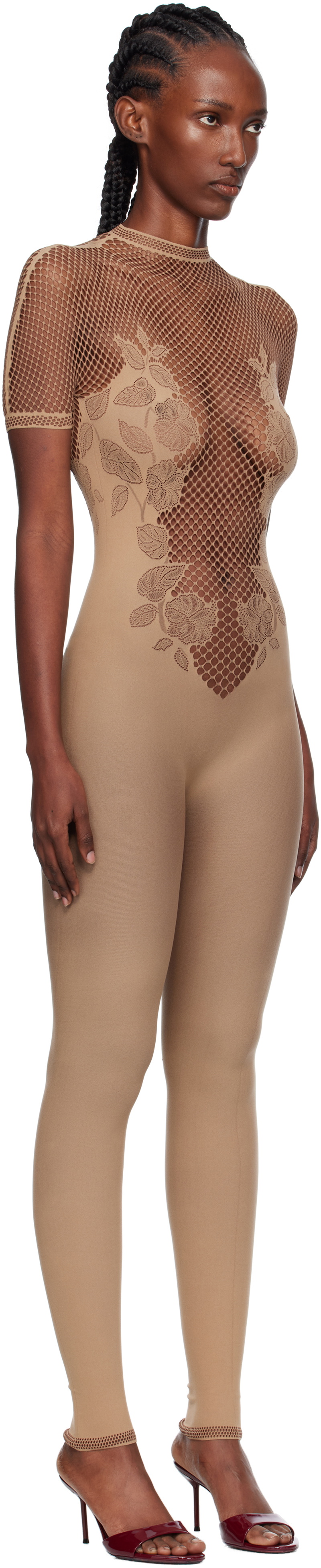 Poster Girl Beige Leaves Fishnet Jumpsuit
