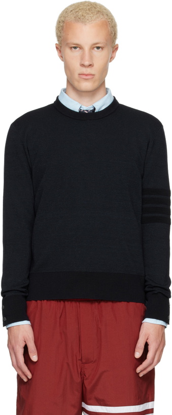 Photo: Thom Browne Navy Ottoman Milano Stitch 4-Bar Bomber Sweater