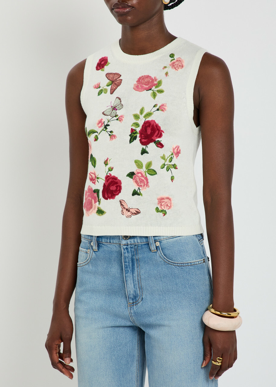 Alice + Olivia Reva Floral-embroidered Knit top White