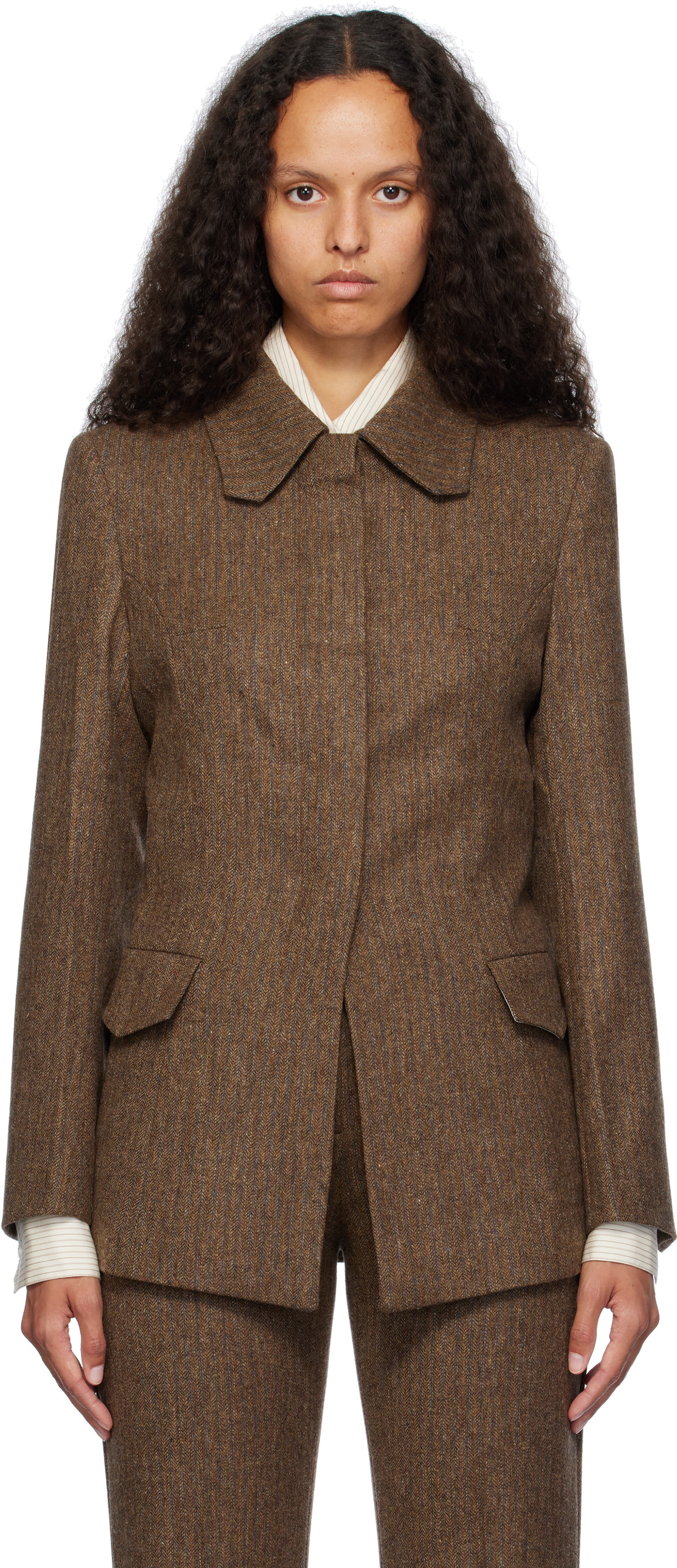 REMAIN Birger Christensen Brown Fitted Herringbone Blazer
