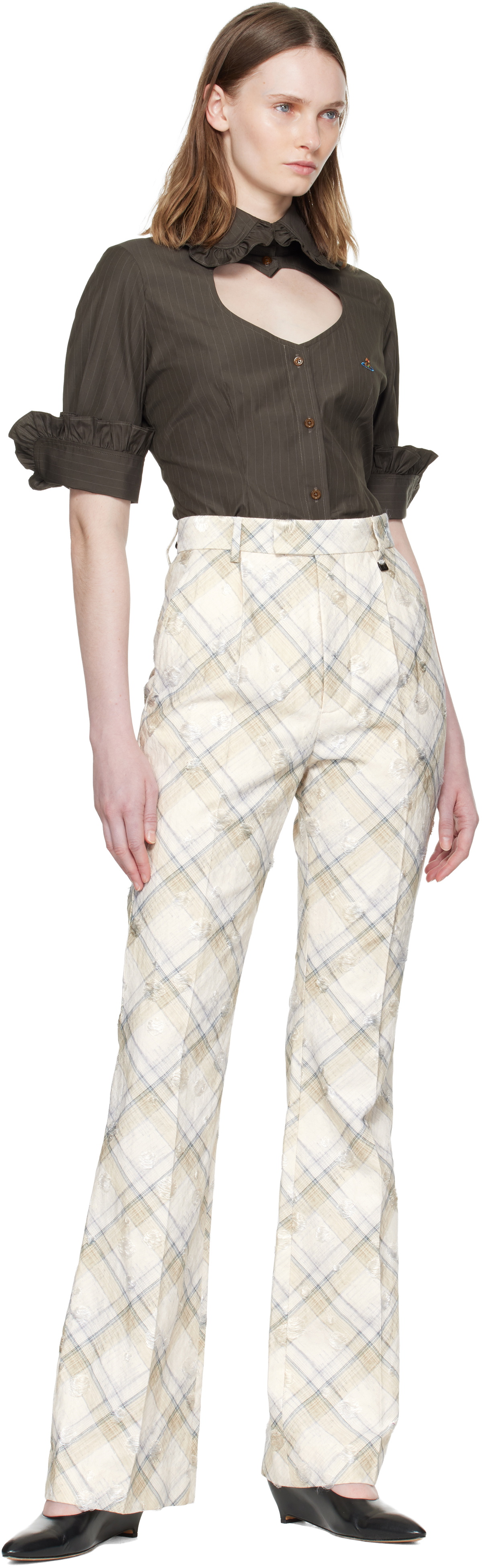 Vivienne Westwood Brown Pinstripe Shirting S/S Toulouse Frill Shirt