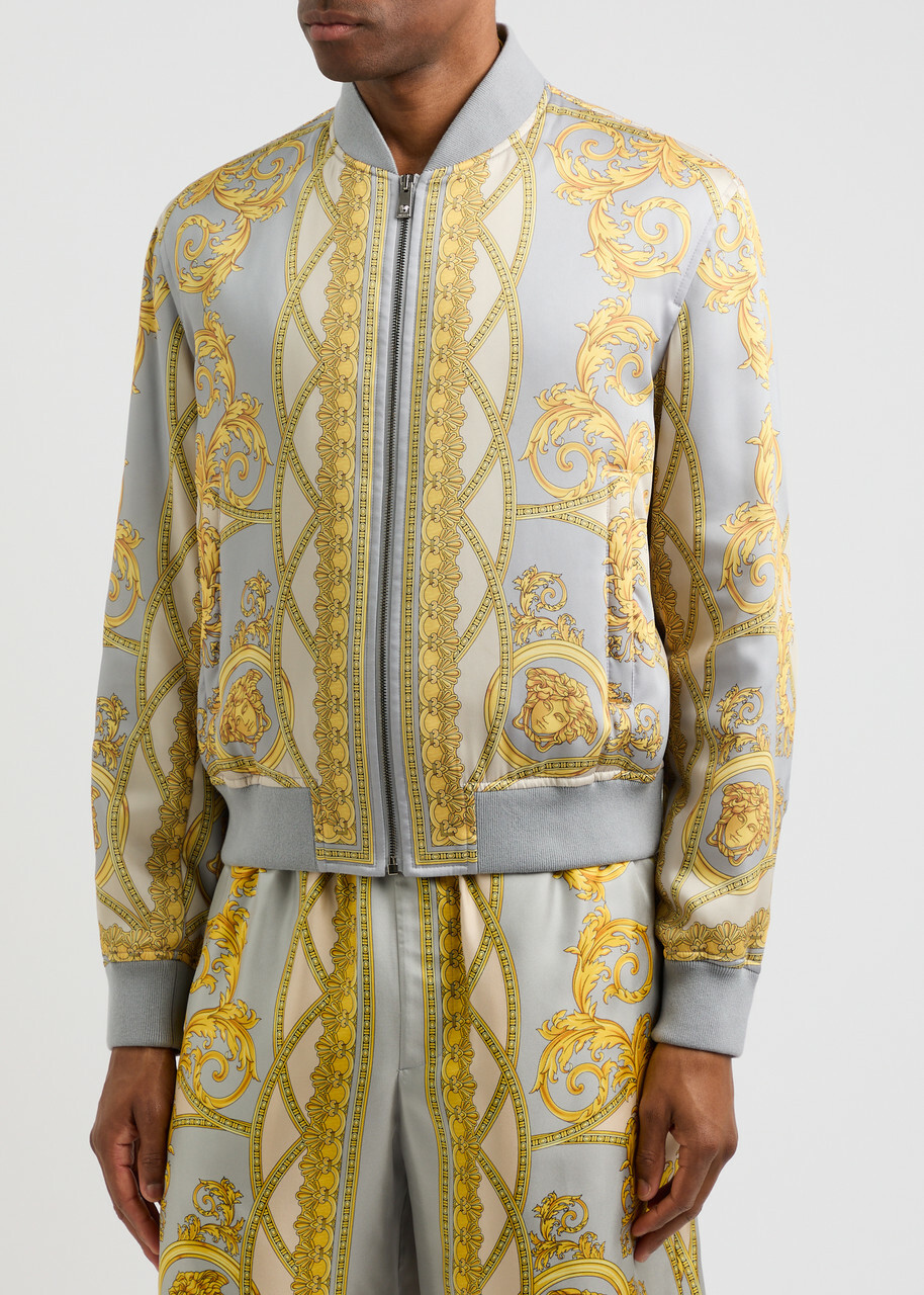 Versace Printed Padded Satin Bomber Jacket Gold