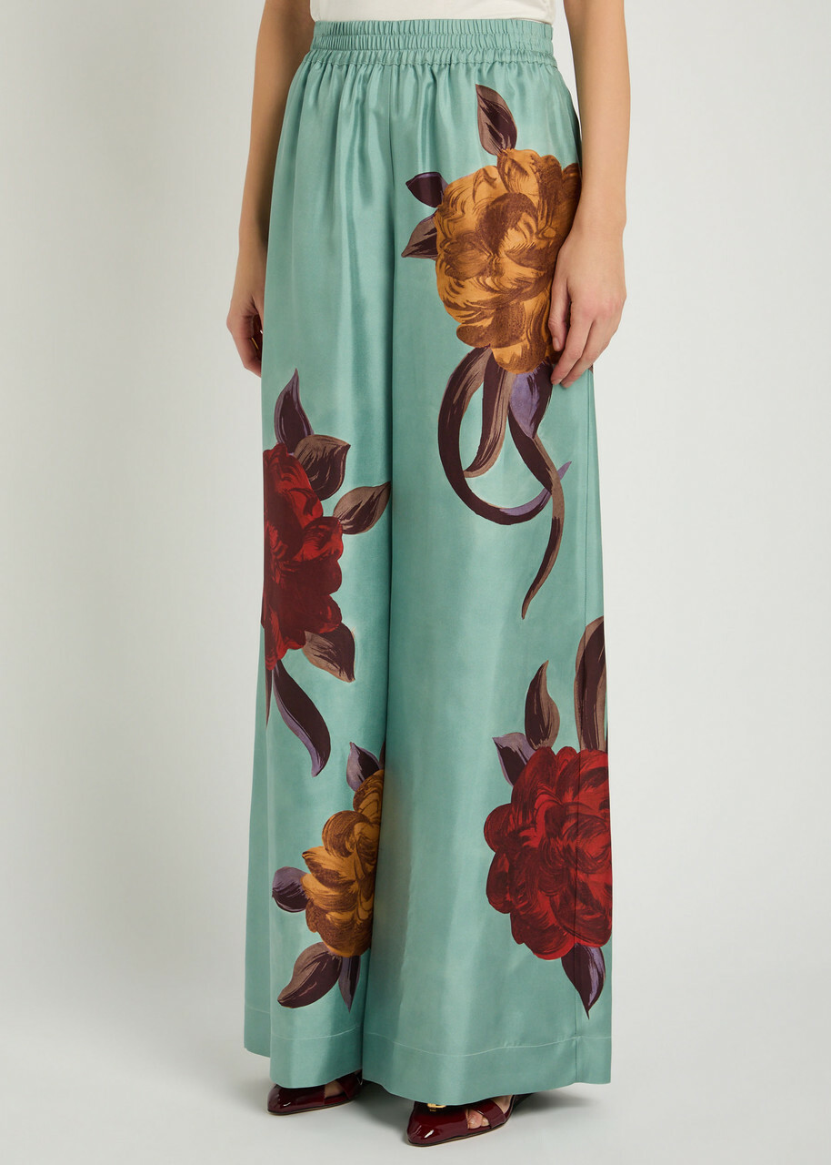 LA Double J Printed Silk-twill Palazzo Trousers Blue