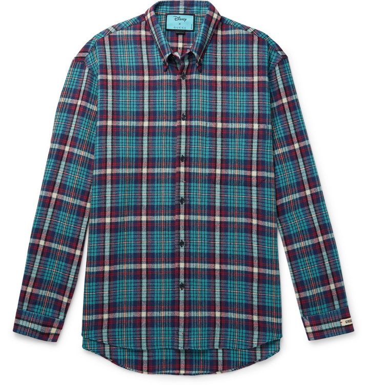Photo: GUCCI - Disney Button-Down Collar Embroidered Checked Wool-Blend Flannel Shirt - Blue