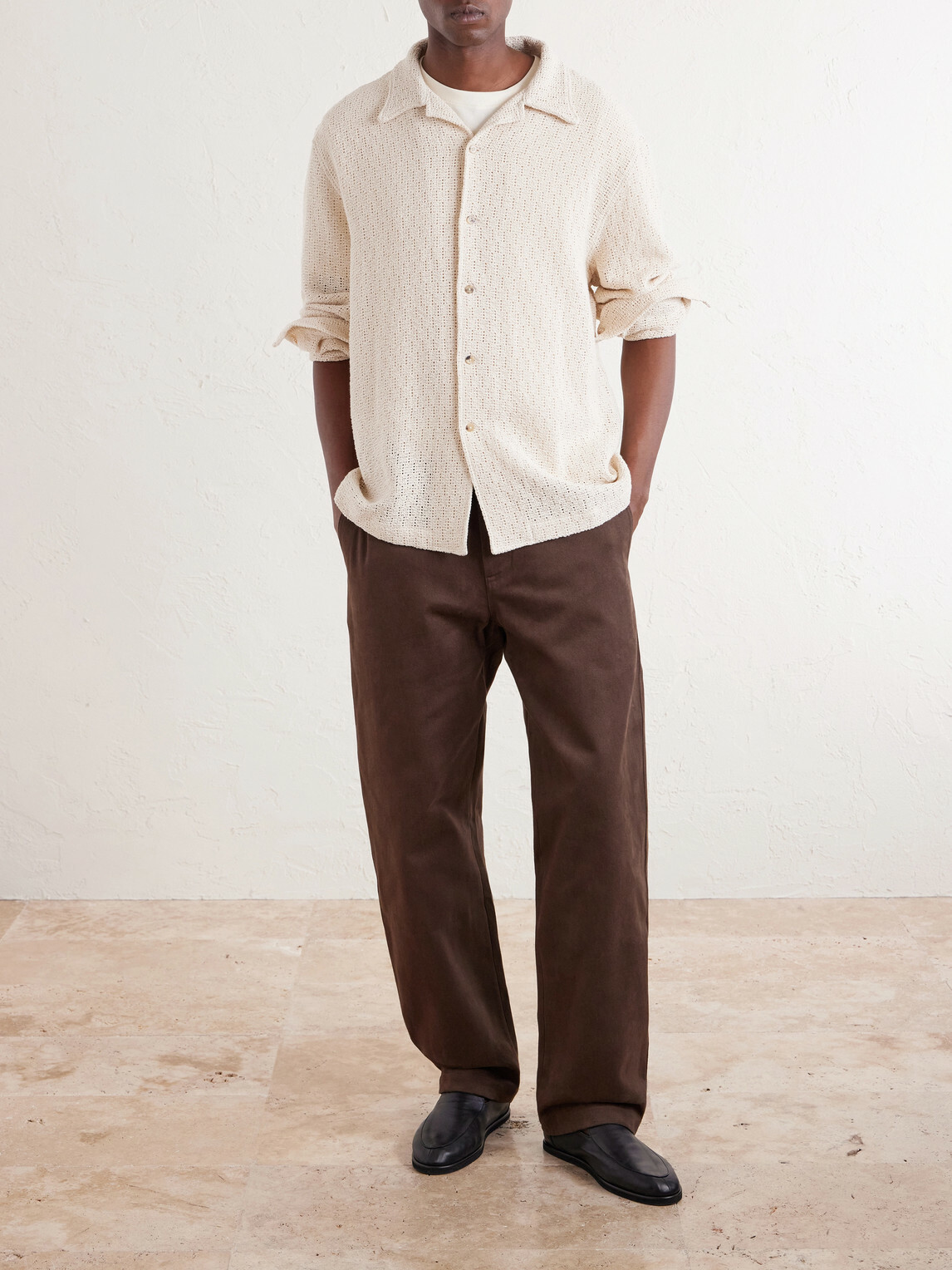 De Bonne Facture - Holiday Camp-Collar Crocheted Cotton Shirt - Neutrals