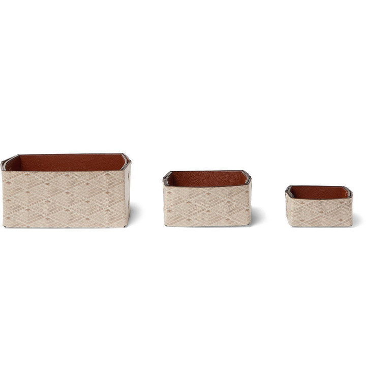 Photo: Métier - Set of Three Reversible Collapsible Printed Canvas and Leather Boxes - Neutrals