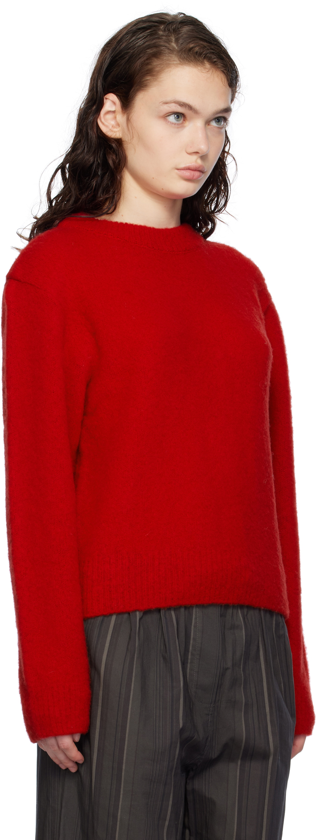 AMOMENTO Red Fluffy Brushed Sweater