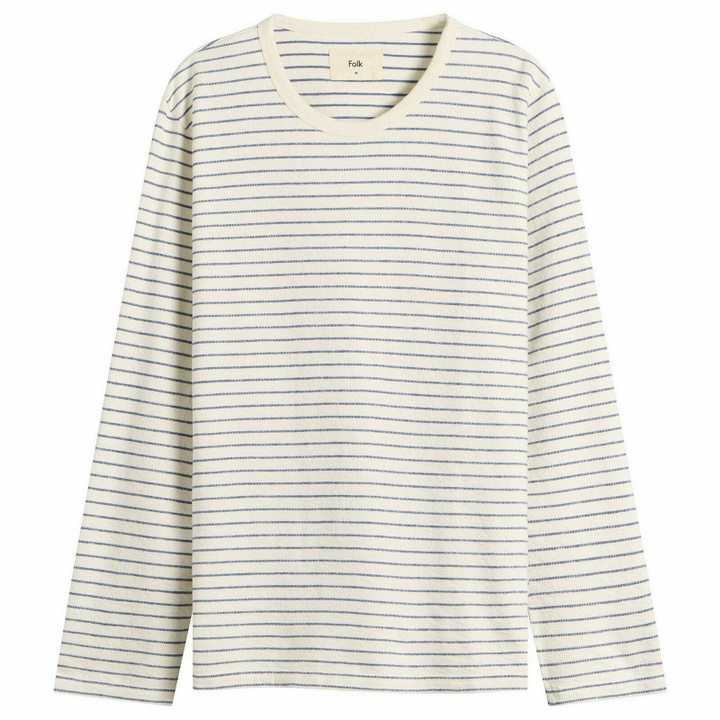 Photo: Folk Men's Long Sleeve Textured Stripe T-Shirt in Ecru/Soft Blue