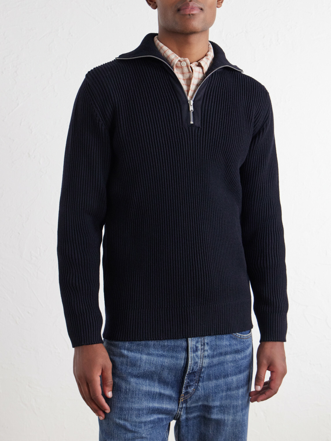 S.N.S. Herning - Fender Ribbed Wool Half-Zip Sweater - Blue