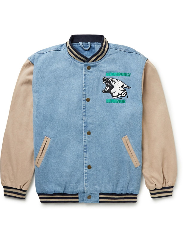 Photo: FRIENDS WITH ANIMALS - Logo-Appliquéd Embroidered Denim and Drill Varsity Jacket - Blue