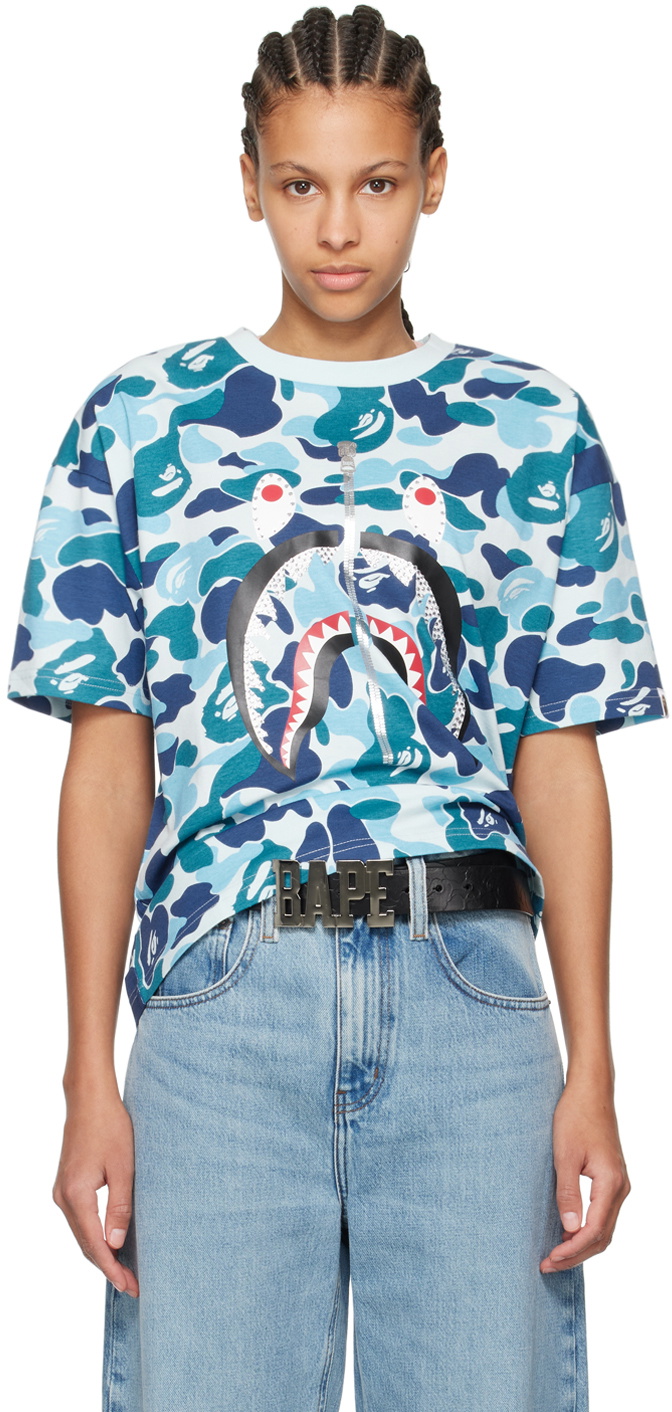 BAPE Blue ABC Camo Crystal Stone Shark T-Shirt A Bathing Ape