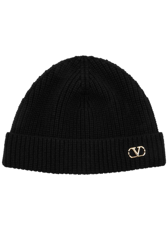 Photo: Valentino Garavani V-logo Ribbed Cashmere Beanie - Black - One Size