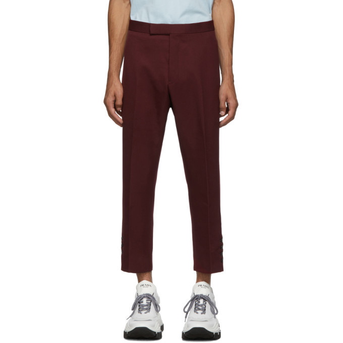 Photo: Thom Browne Burgundy Mid Rise Slim Fit Side Vent Trousers