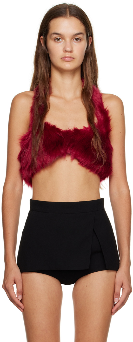 Puppets and Puppets Red Halter Faux-Fur Camisole