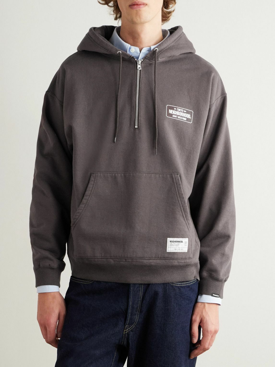 Neighborhood - Logo-Print Cotton-Jersey Half-Zip Hoodie - Brown