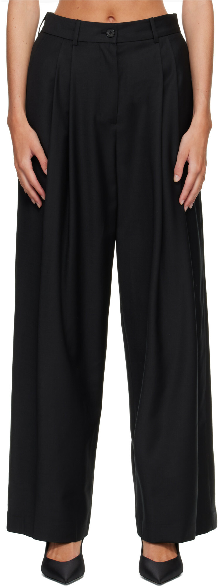 R2W Black Orielle Wool Wide Tapered Trousers