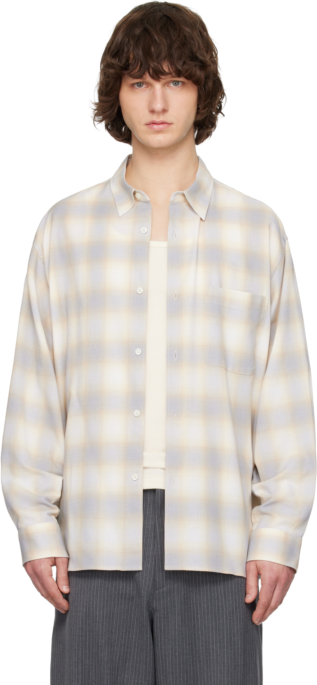 Solid Homme Yellow & Gray Wool Cotton Check Shirt