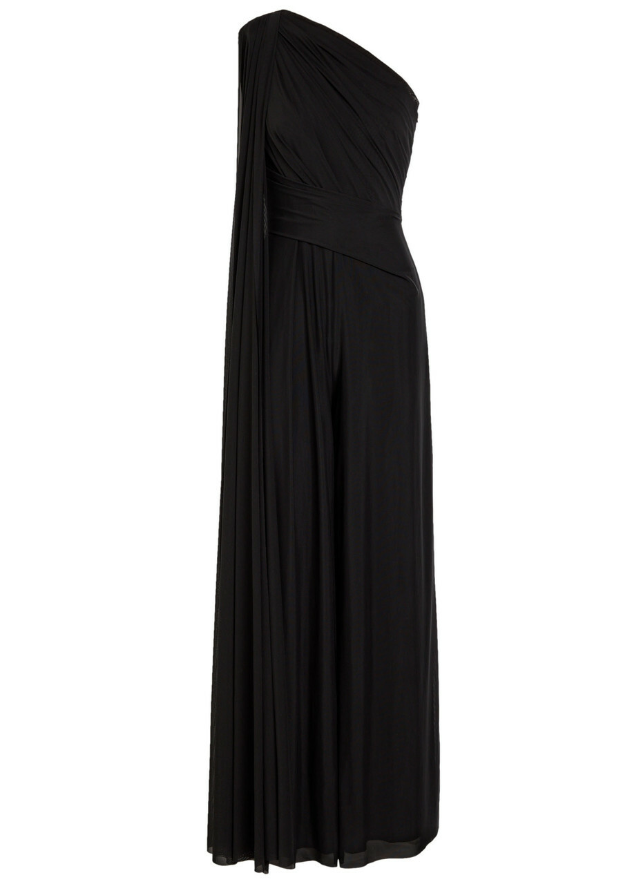 Talbot Runhof One Shoulder Draped Mesh Jumpsuit Black