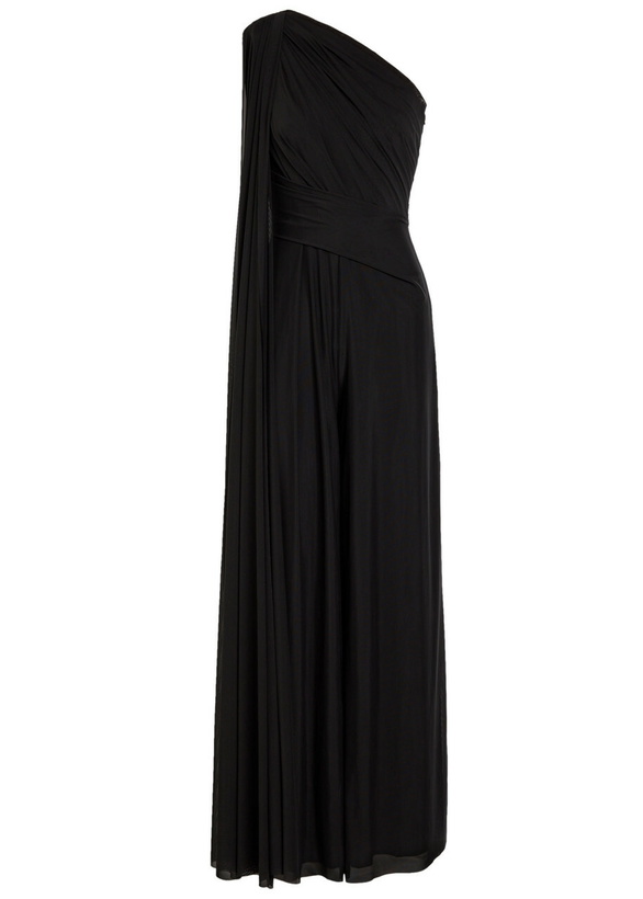 Photo: Talbot Runhof One Shoulder Draped Mesh Jumpsuit Black