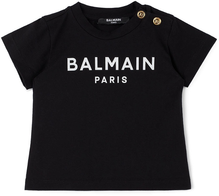 Photo: Balmain Baby Black Two-Button Logo T-Shirt