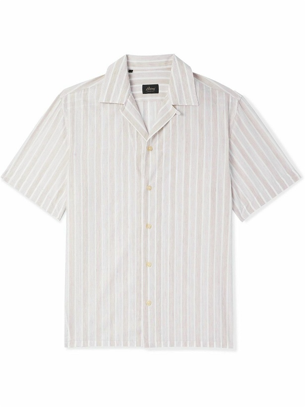 Photo: Brioni - Convertible-Collar Striped Cotton and Linen-Blend Shirt - Neutrals