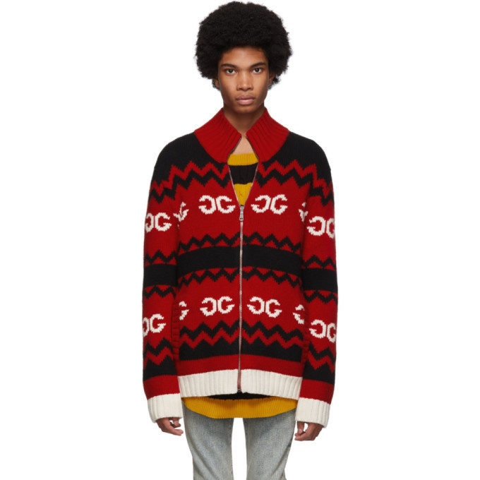 Photo: Gucci Red Wool Mirrored GG Zip-Up Sweater