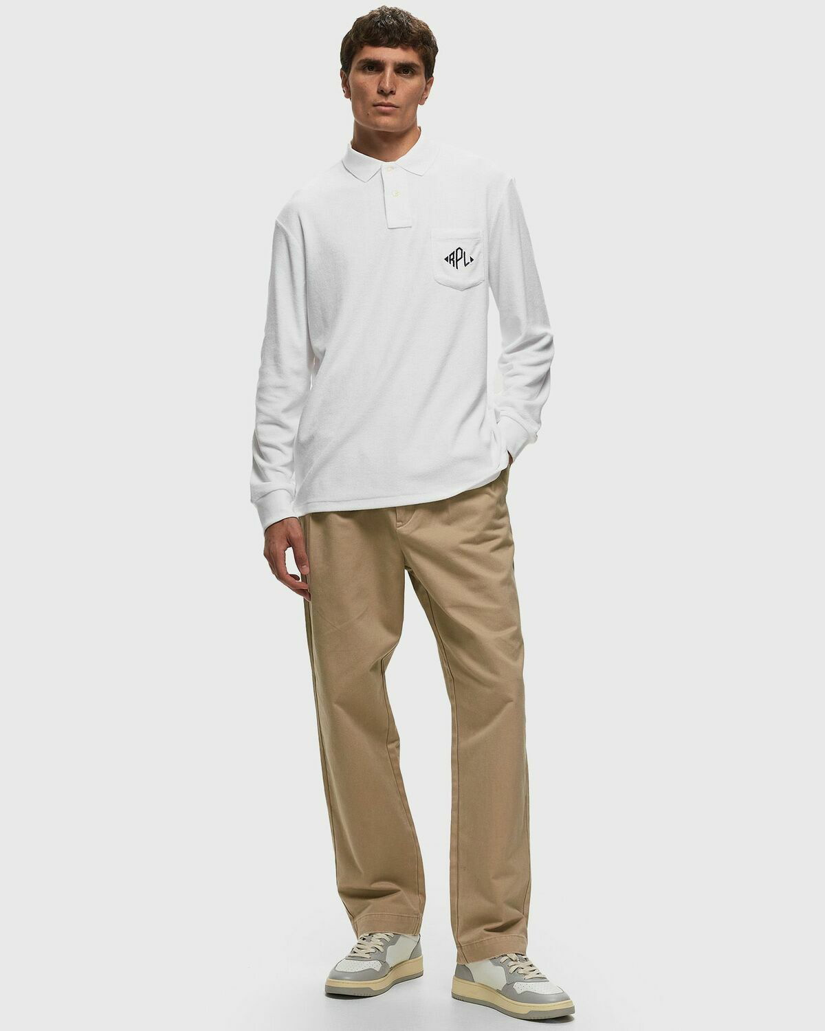 White Long Sleeve Polo Shirt with Beige Pants