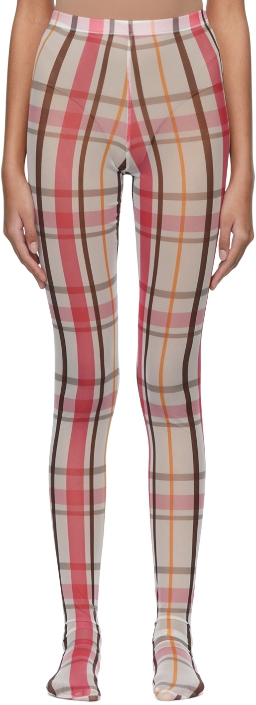 SHUTING QIU Pink Mesh Look 1 Plaid Tights